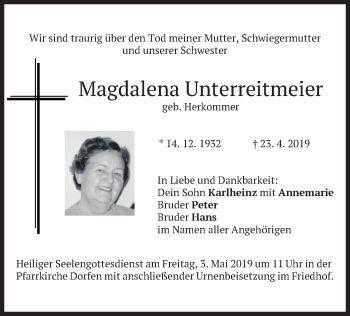 Todesanzeige von Magdalena Unterreitmeier von merkurtz