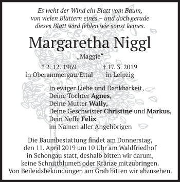 Todesanzeige von Margaretha Niggl von merkurtz