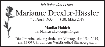 Todesanzeige von Marianne Drexler-Hässler von merkurtz