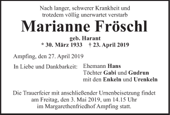 Todesanzeige von Marianne Fröschl von merkurtz