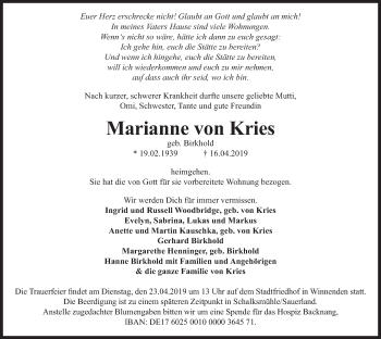 Todesanzeige von Marianne von Kries von merkurtz