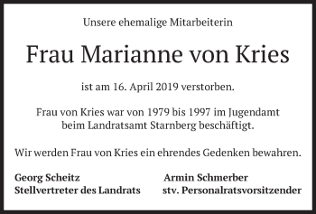 Todesanzeige von Marianne von Kries von merkurtz