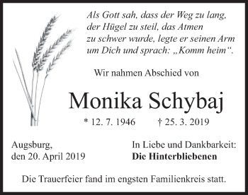 Todesanzeige von Monika Schybaj von merkurtz