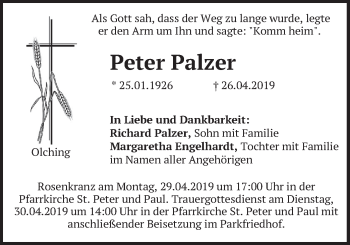 Todesanzeige von Peter Palzer von merkurtz