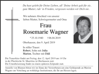 Todesanzeige von Rosemarie Wagner von merkurtz