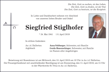 Todesanzeige von Siegfried Stiglhofer von merkurtz