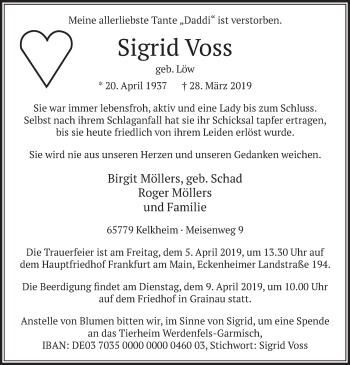 Todesanzeige von Sigrid Voss von merkurtz