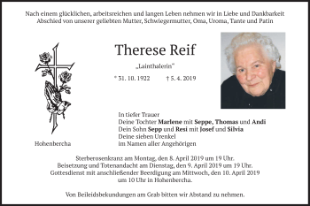 Todesanzeige von Therese Reif von merkurtz