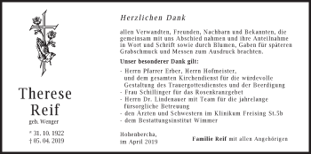 Todesanzeige von Therese Reif von merkurtz