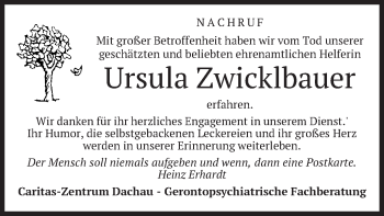 Todesanzeige von Ursula Zwicklbauer von merkurtz