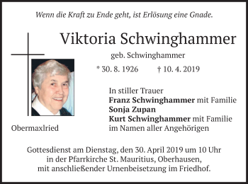 Todesanzeige von Viktoria Schwinghammer von merkurtz