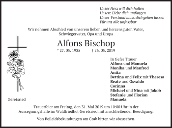 Todesanzeige von Alfons Bischop von merkurtz