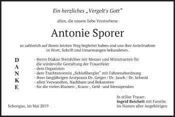 Todesanzeige von Antonie Sporer von merkurtz