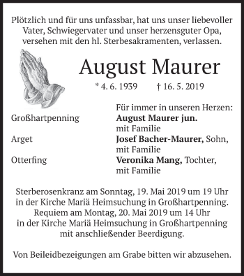 Todesanzeige von August Maurer von merkurtz