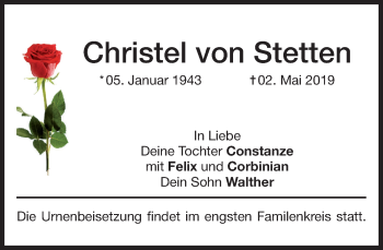 Todesanzeige von Christel von Stetten von Das Gelbe Blatt Penzberg
