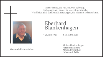 Todesanzeige von Eberhard Blankenhagen von merkurtz