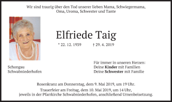 Todesanzeige von Elfriede Taig von merkurtz