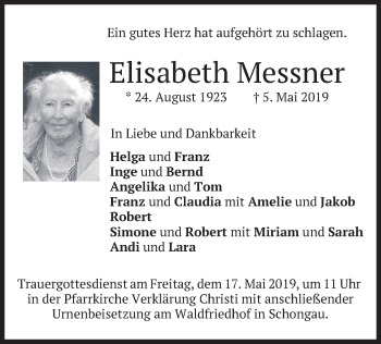 Todesanzeige von Elisabeth Messner von merkurtz