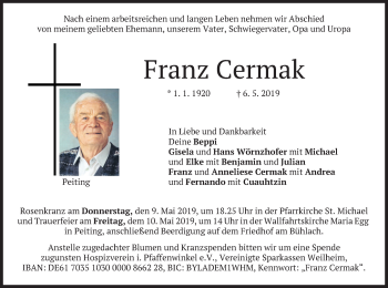 Todesanzeige von Franz Cermak von merkurtz