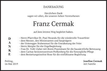 Todesanzeige von Franz Cermak von merkurtz