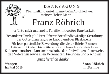Todesanzeige von Franz Röhrich von merkurtz