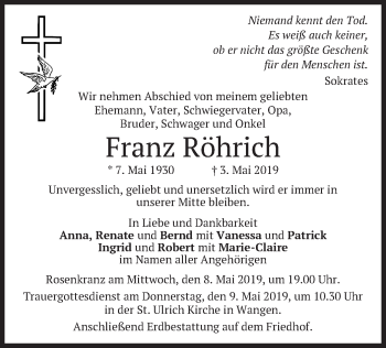 Todesanzeige von Franz Röhrich von merkurtz