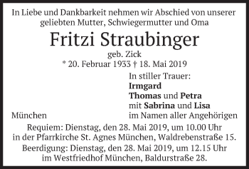 Todesanzeige von Fritzi Straubinger von merkurtz