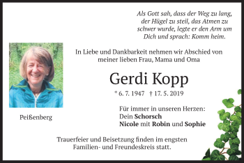 Todesanzeige von Gerdi Kopp von merkurtz