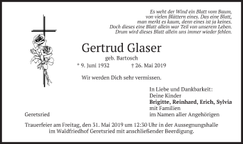 Todesanzeige von Gertrud Glaser von merkurtz