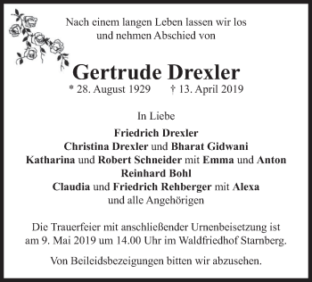 Todesanzeige von Gertrude Drexler von merkurtz