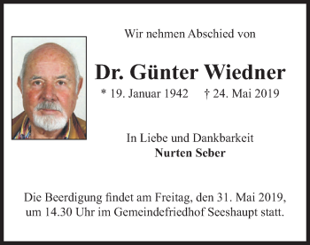 Todesanzeige von Günter Wiedner von merkurtz