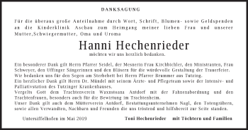 Todesanzeige von Hanni Hechenrieder von merkurtz