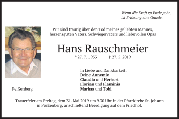 Todesanzeige von Hans Rauschmeier von merkurtz