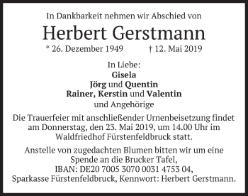 Todesanzeige von Herbert Gerstmann von merkurtz