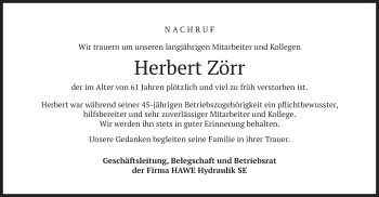 Todesanzeige von Herbert Zörr von merkurtz