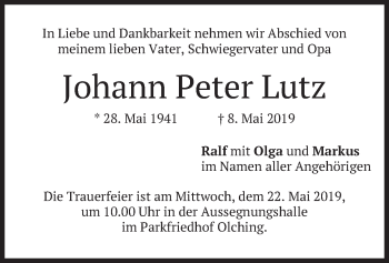 Todesanzeige von Johann Peter Lutz von merkurtz
