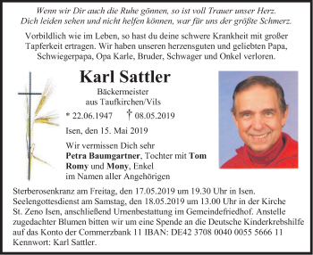 Todesanzeige von Karl Sattler von merkurtz