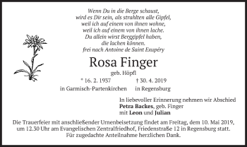 Todesanzeige von Rosa Finger von merkurtz