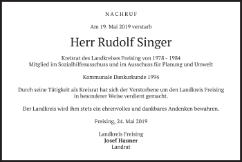 Todesanzeige von Rudolf Singer von merkurtz