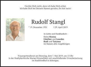 Todesanzeige von Rudolf Stangl von merkurtz