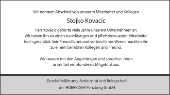 Todesanzeige von Stojko Kovacic von merkurtz