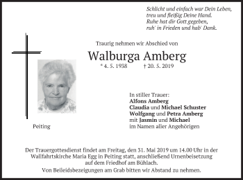 Todesanzeige von Walburga Amberg von merkurtz
