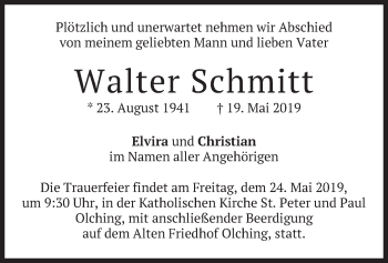 Todesanzeige von Walter Schmitt von merkurtz