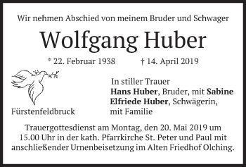 Todesanzeige von Wolfgang Huber von merkurtz