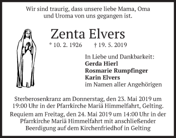 Todesanzeige von Zenta Elvers von merkurtz