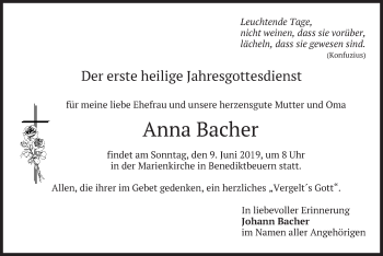 Todesanzeige von Anna Bacher von merkurtz