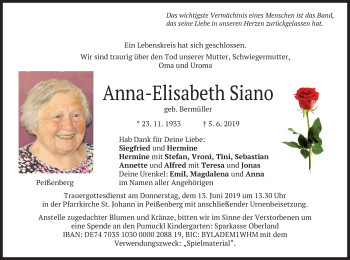 Todesanzeige von Anna-Elisabeth Siano von merkurtz