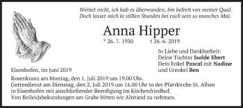 Todesanzeige von Anna Hipper von merkurtz