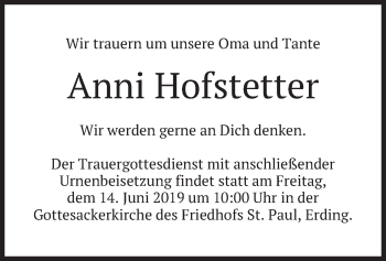 Todesanzeige von Anni Hofstetter von merkurtz