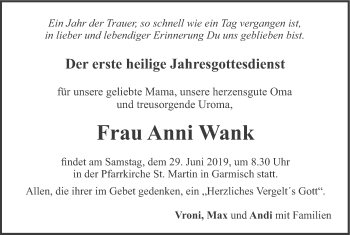 Todesanzeige von Anni Wank von merkurtz